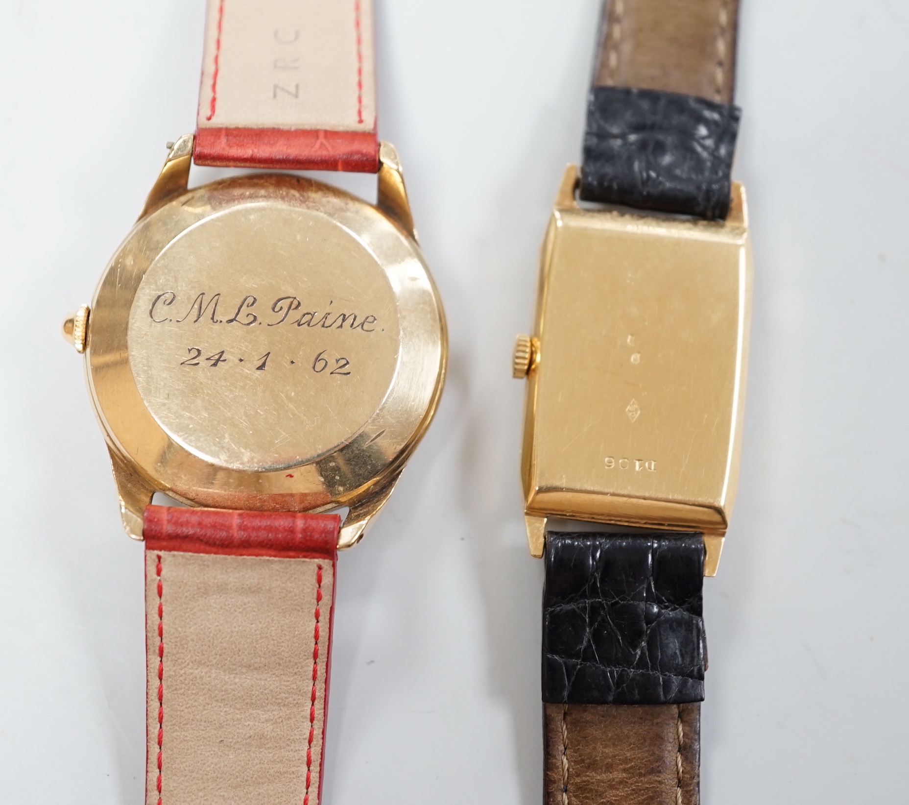 A gentleman's French yellow metal (18ct poincon mark) rectangular manual wind wrist watch, on a leather strap, together with a gentleman's 9ct gold Certina automatic wrist watch.